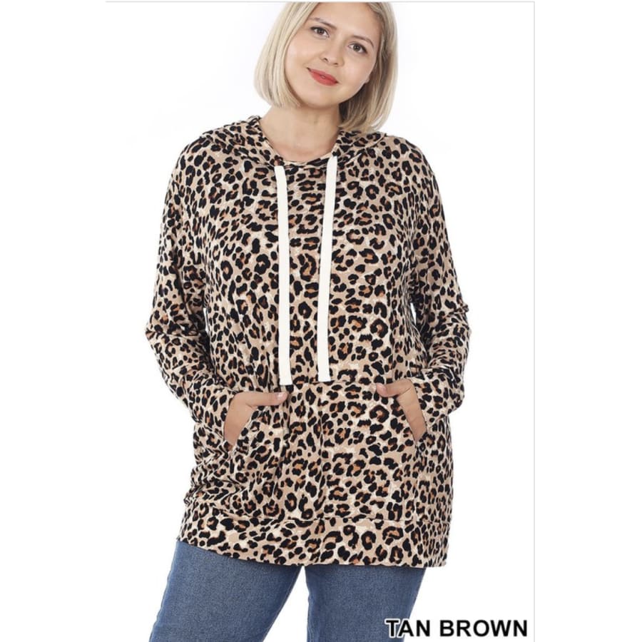 NEW!! Leopard Print Hoodie Top With Kangaroo Pocket Tan Brown / 1XL Tops