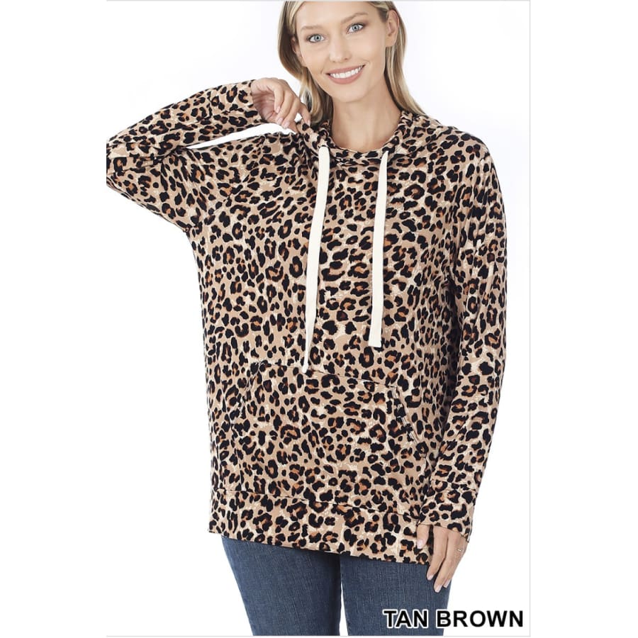 NEW!! Leopard Print Hoodie Top With Kangaroo Pocket Tan Brown / S Tops