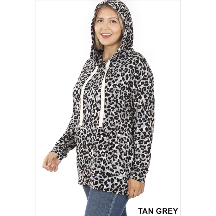 NEW!! Leopard Print Hoodie Top With Kangaroo Pocket Tan Grey / 1XL Tops