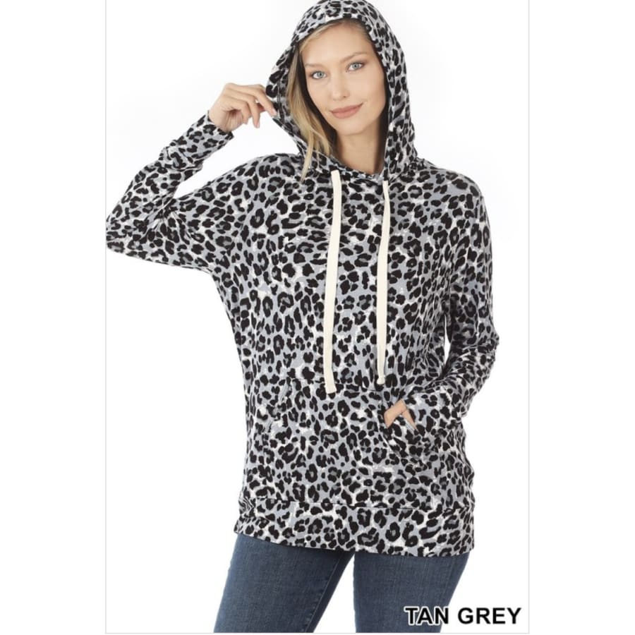 NEW!! Leopard Print Hoodie Top With Kangaroo Pocket Tan Grey / S Tops