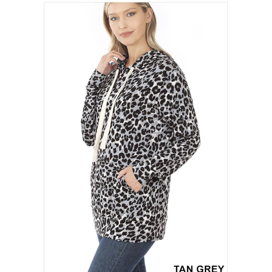 NEW!! Leopard Print Hoodie Top With Kangaroo Pocket Tan Grey / S Tops