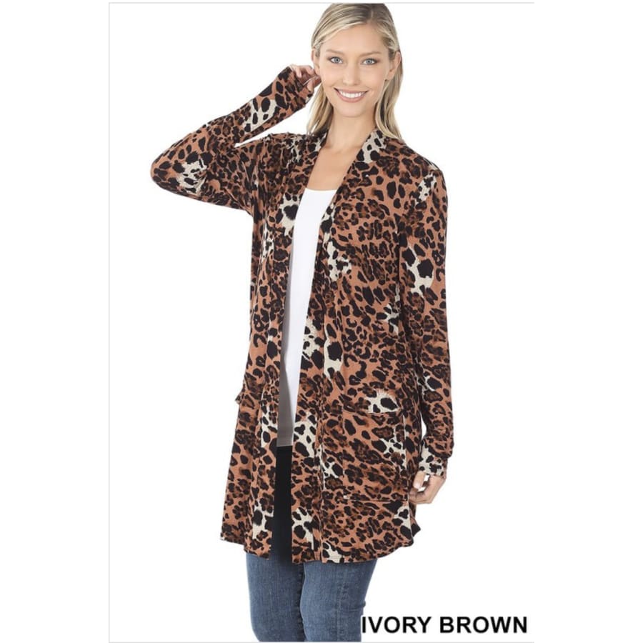 NEW!! Leopard and Camouflage Print Mid-Thigh Slouchy Pocket Open Cardigan Ivory/Brown Leopard / S Coverups
