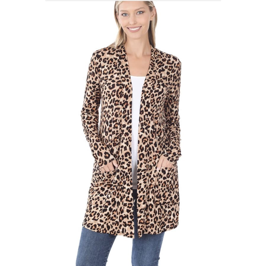 NEW!! Leopard Print Mid-Thigh Slouchy Pocket Open Cardigan Tan Brown / S Coverups