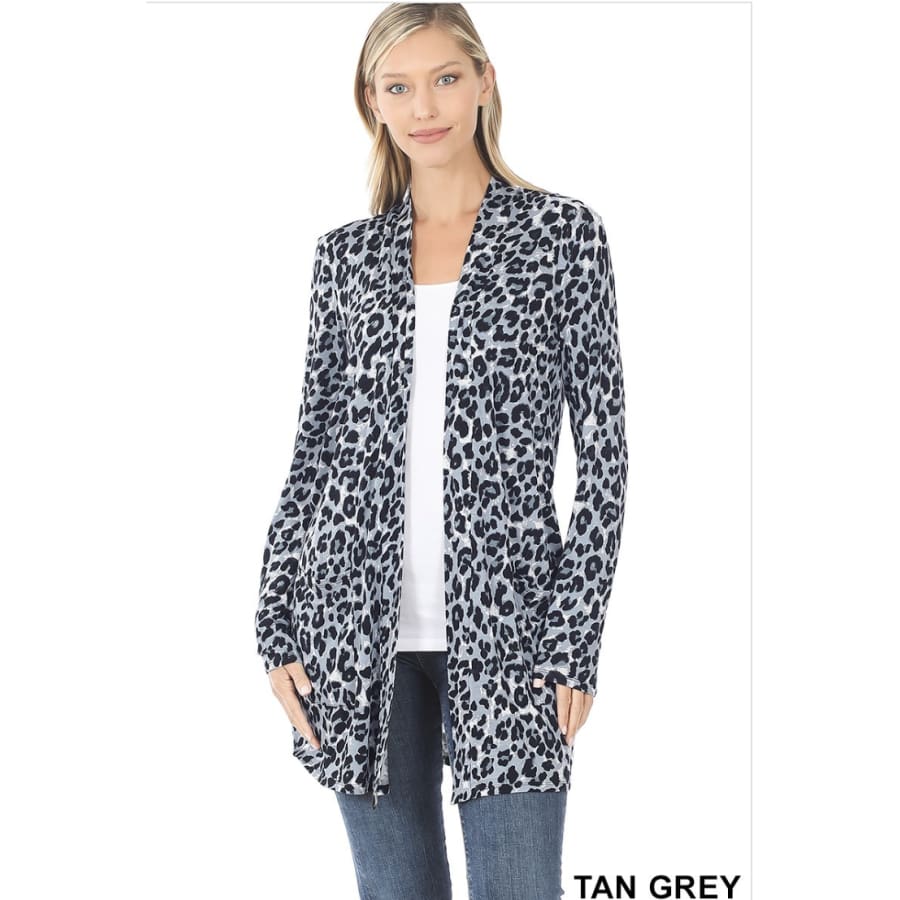 NEW!! Leopard Print Mid-Thigh Slouchy Pocket Open Cardigan Tan Grey / S Coverups