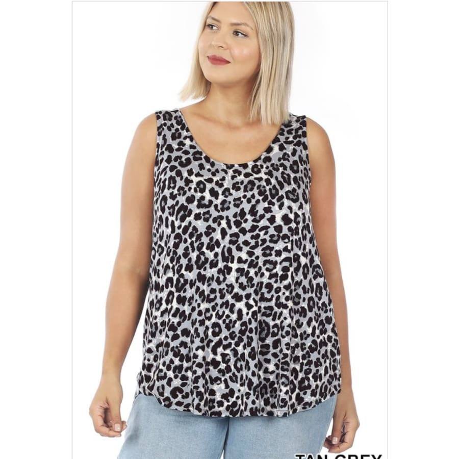 NEW! Camouflage Leopard and Snake Print Perfect Tank With Round Hem Tan Grey Leopard / 1XL Tops