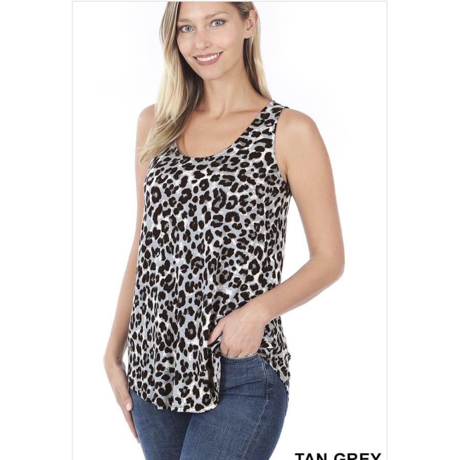 NEW! Camouflage Leopard and Snake Print Perfect Tank With Round Hem Tan Grey Leopard / S Tops