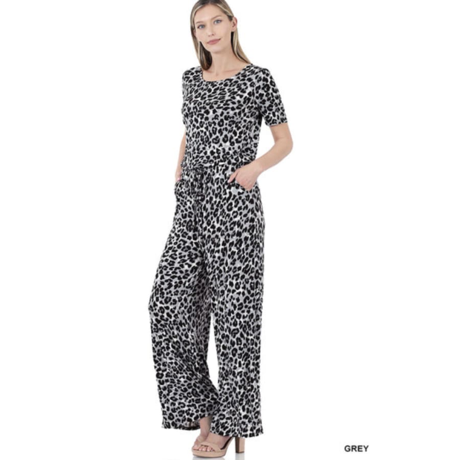 NEW! Leopard Print Short Sleeve Jumpsuit with Pockets S / Grey Jumpsuits and Rompers