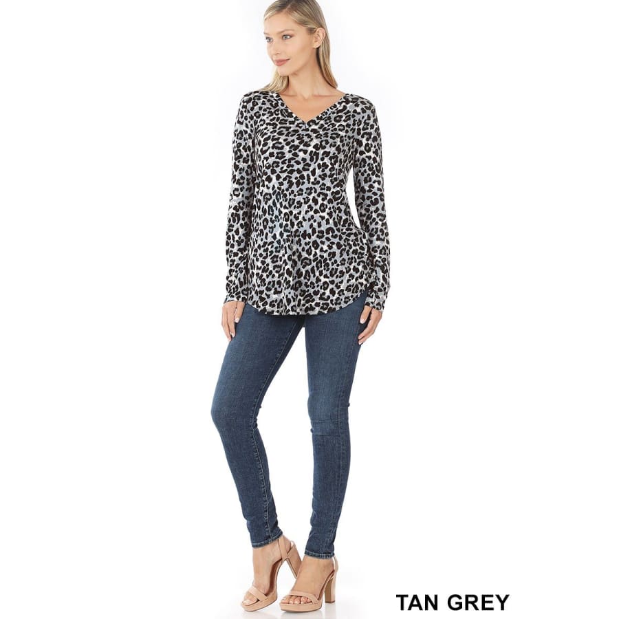 Sandee Rain Boutique - Leopard Print V-neck Long Sleeve Top - Tan