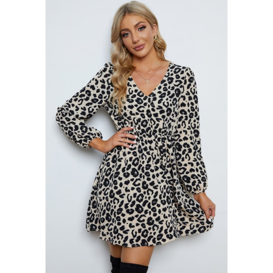 Leopard V-Neck Balloon Sleeve Dress Beige / S