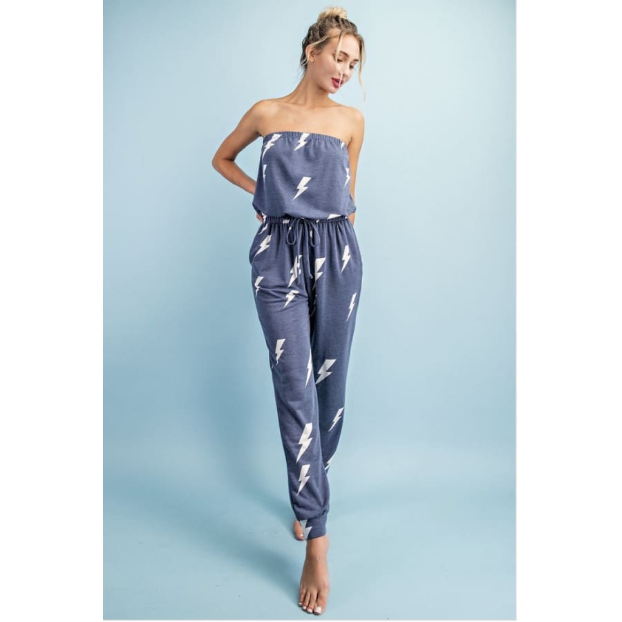 NEW! Lightning Bolt Print Jumpsuit with Drawstring Cinched Waist and Pockets Jumpsuit