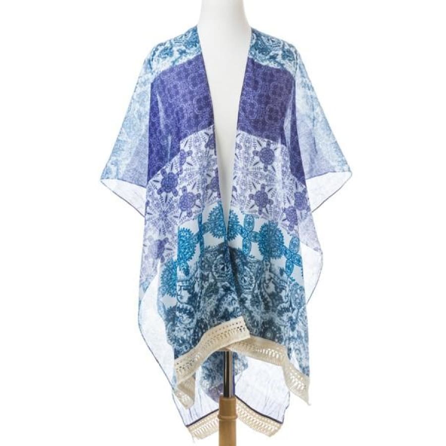 New! Lightweight Summer Poncho With Tassel Trim Onesize / Blue Coverups