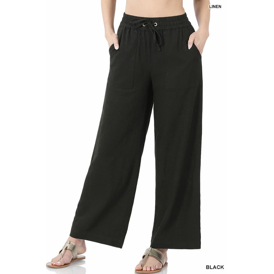 NEW! Linen and Rayon Drawstring Waist Pants with Pockets - Pre-washed Black / XL Pants
