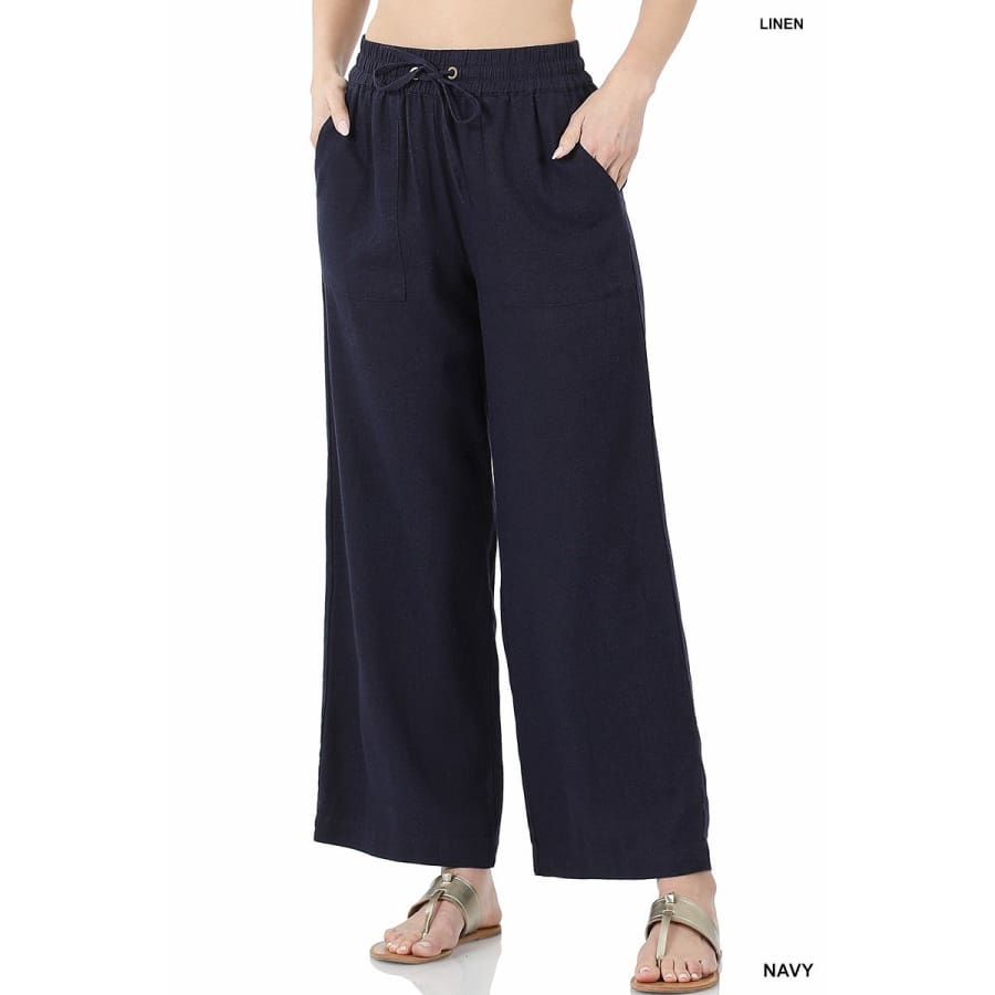 NEW! Linen and Rayon Drawstring Waist Pants with Pockets - Pre-washed Navy / XL Pants