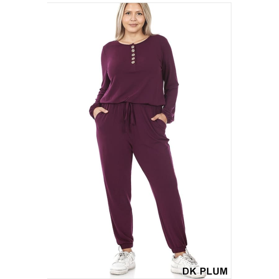 NEW! Long Sleeve Jogger Jumpsuit with Pockets Dark Plum / 1XL Jumpsuits and Rompers