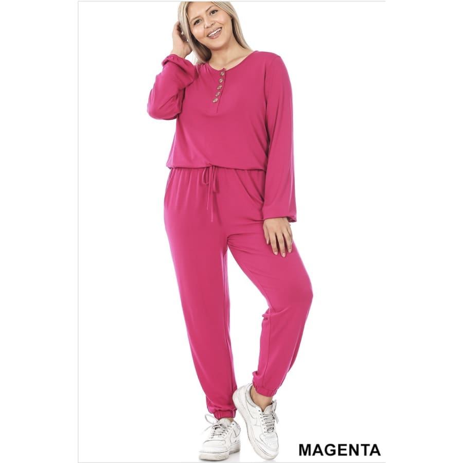 NEW! Long Sleeve Jogger Jumpsuit with Pockets Magenta / 1XL Jumpsuits and Rompers