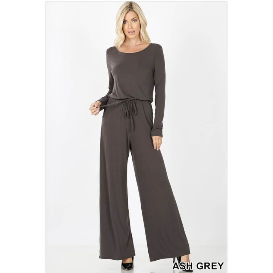 Long Sleeve Jumpsuit with Elastic Waist and Keyhole Opening Ash Grey / S Jumpsuits and Rompers
