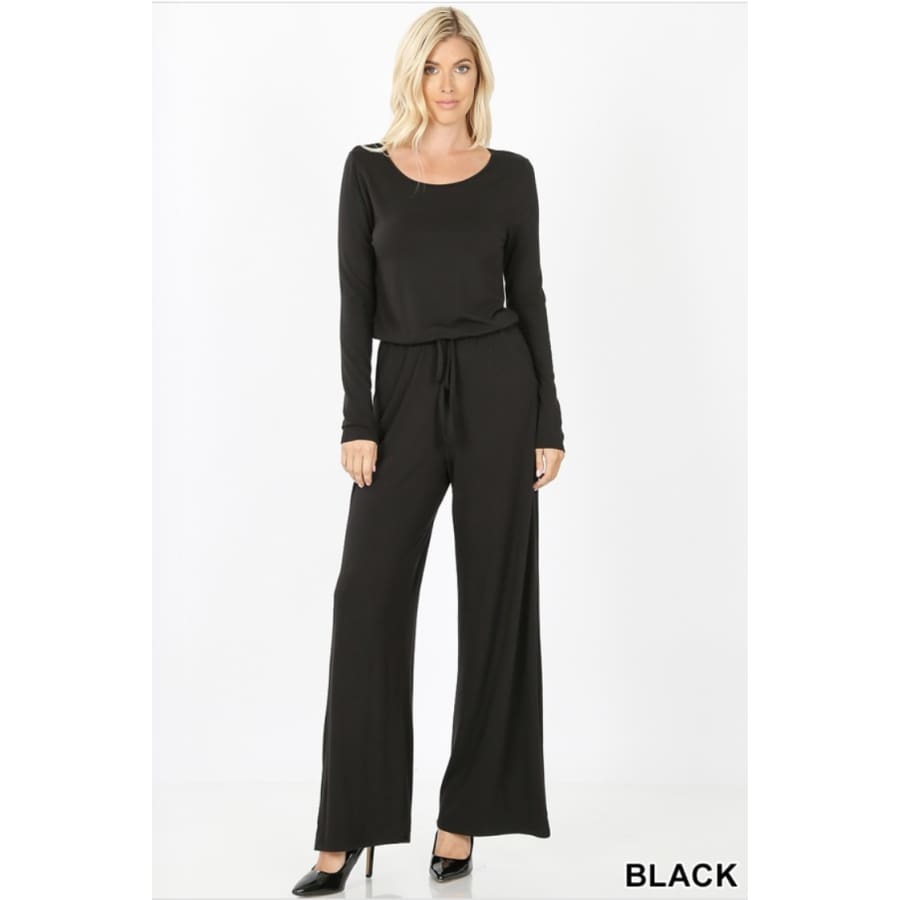 Long Sleeve Jumpsuit with Elastic Waist and Keyhole Opening Black / 1XL Jumpsuits and Rompers