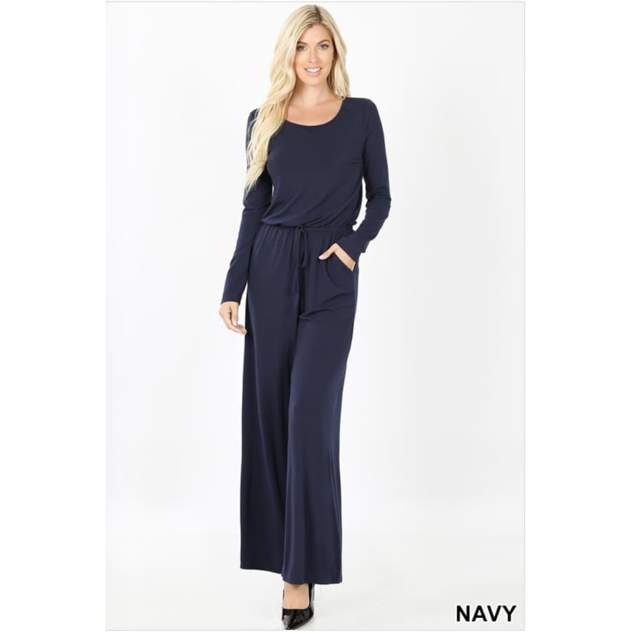 Long Sleeve Jumpsuit with Elastic Waist and Keyhole Opening Navy / 1XL Jumpsuits and Rompers