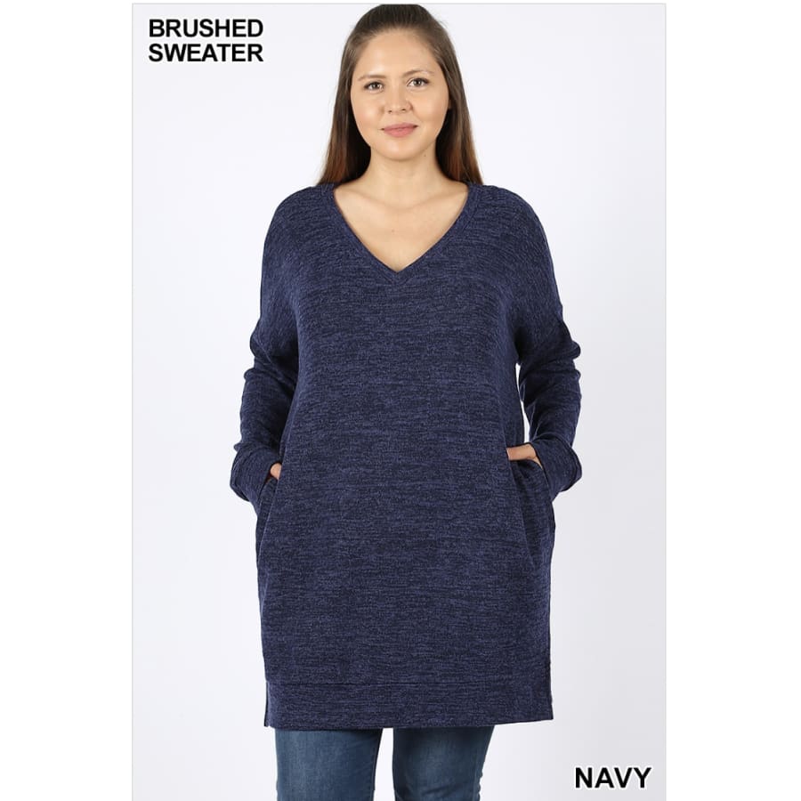 NEW! Long Sleeve V-Neck Brushed Melange Sweater with Pockets Navy / 1XL Tops