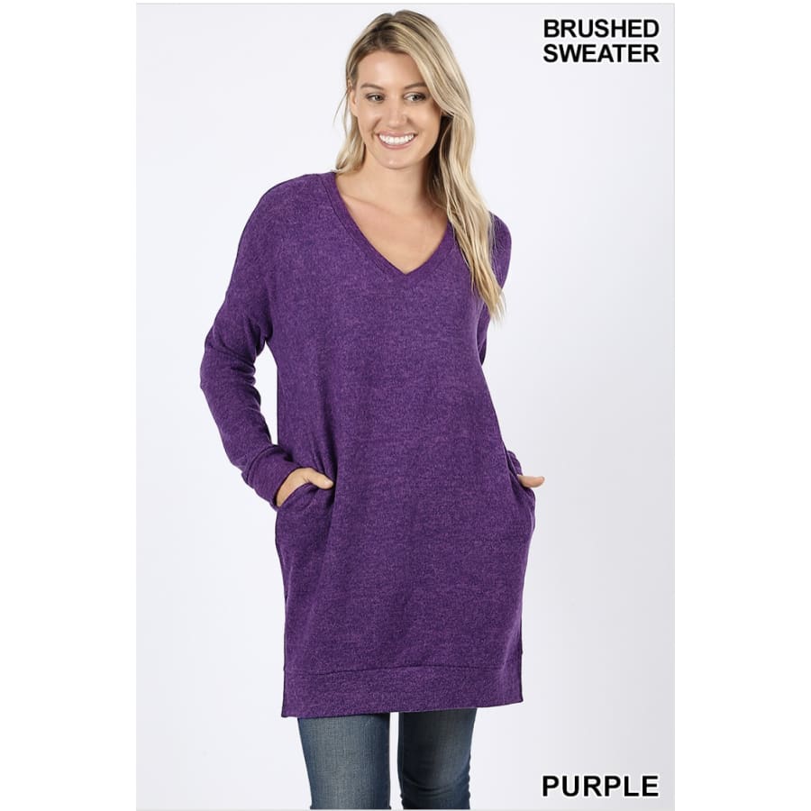 NEW! Long Sleeve V-Neck Brushed Melange Sweater with Pockets Purple / S Tops