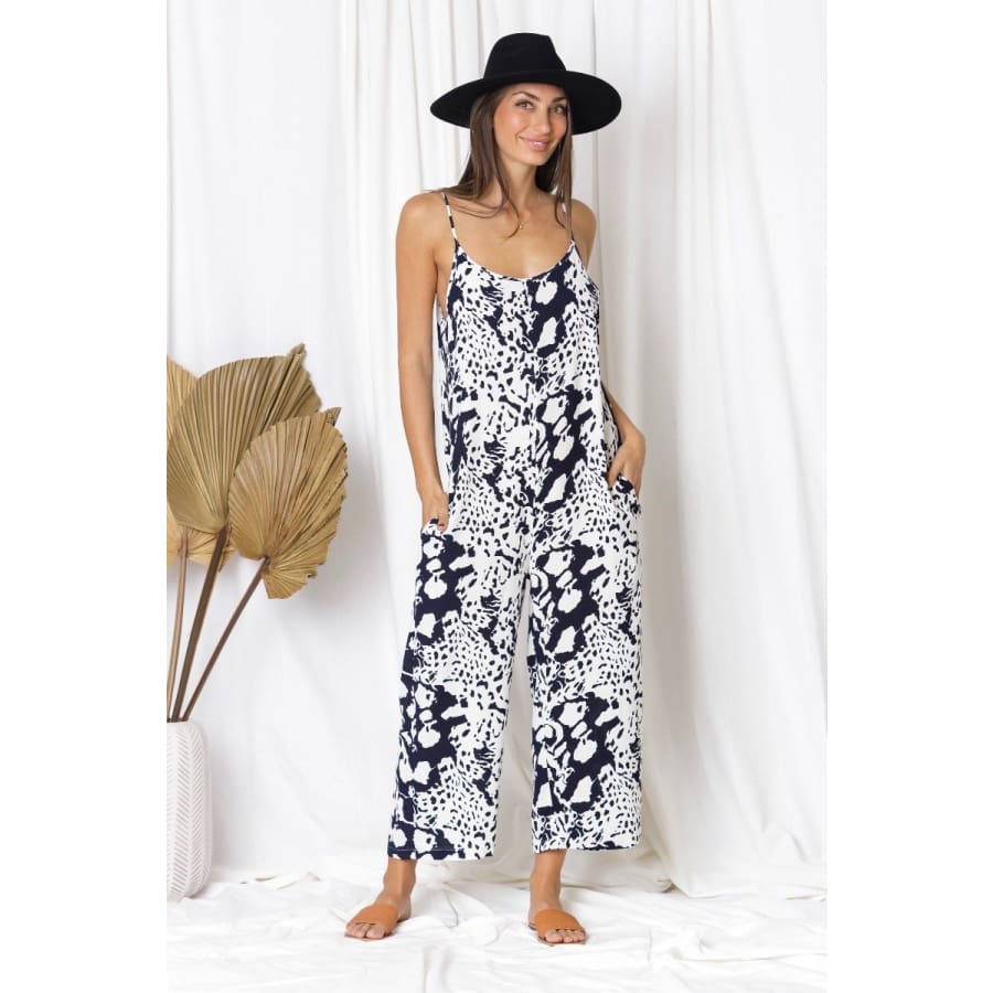 New! Love Lily The Label - Navy Leopard Pippa Jumpsuit with Pockets XS/S Jumpsuit