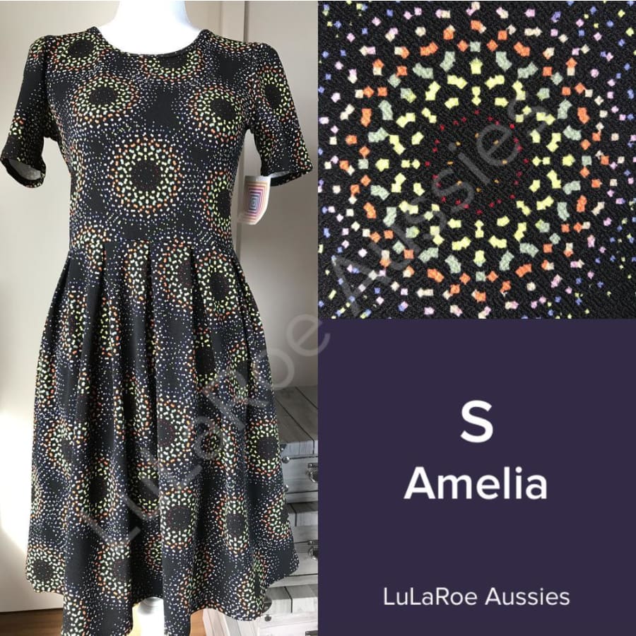 Lularoe Amelia S / Black With Multi Colour Circles