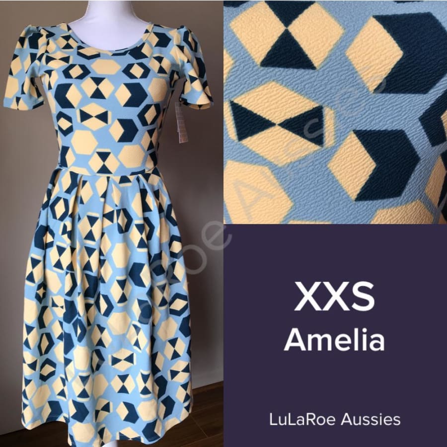 LuLaRoe Amelia Dress XS Blue Red Back Zip Pockets - Gem