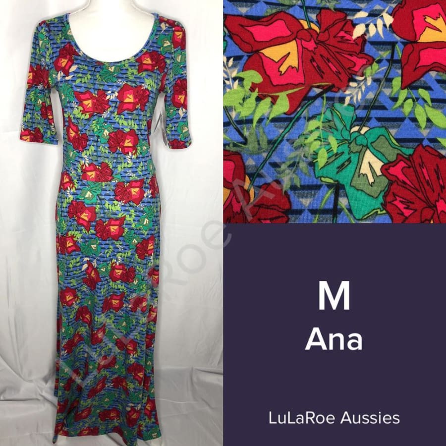 LuLaRoe Ana M / Blue with Stripes and Red Geo Floral Dresses