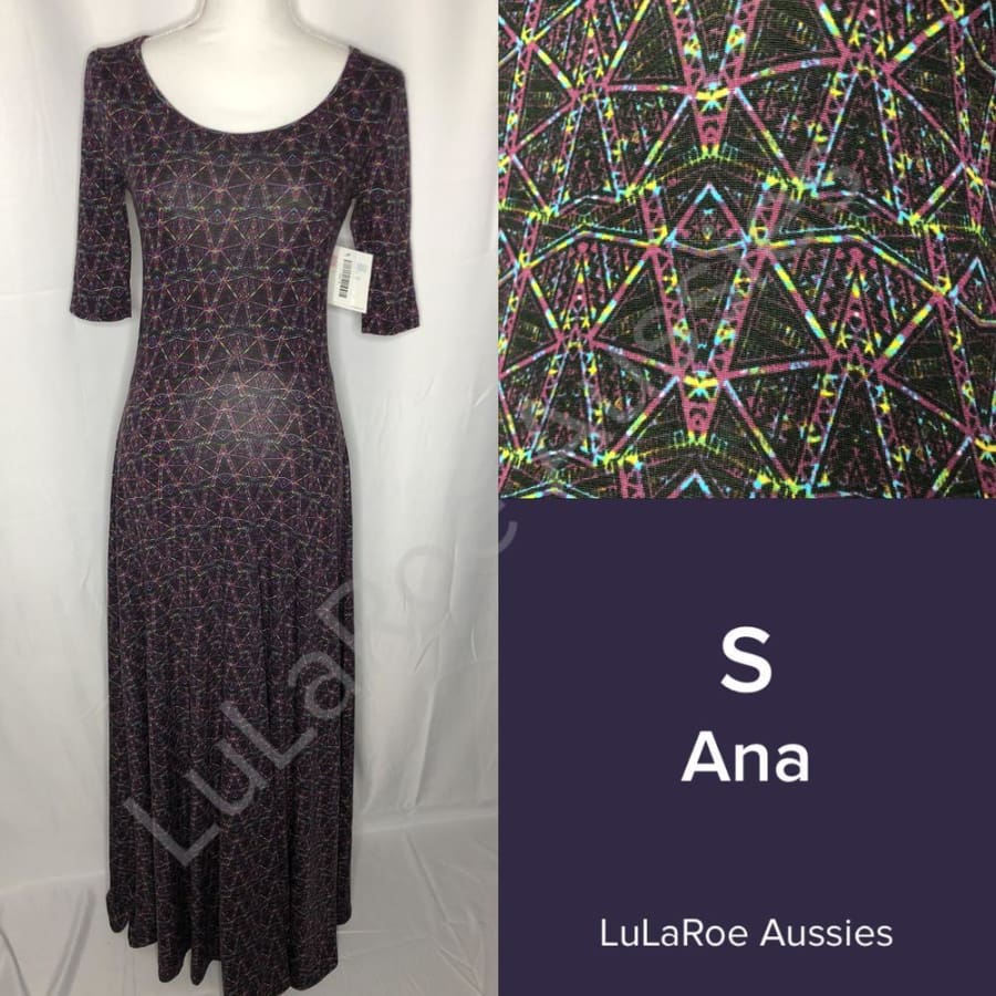 LuLaRoe Ana S / Black with Lime Raspberry Blue Geo Dresses