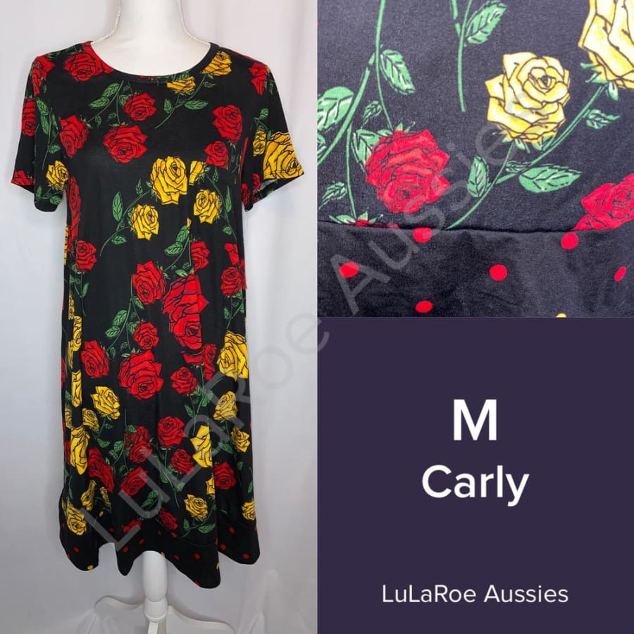LuLaRoe Carly M / Dipped Red Yellow Roses Dresses