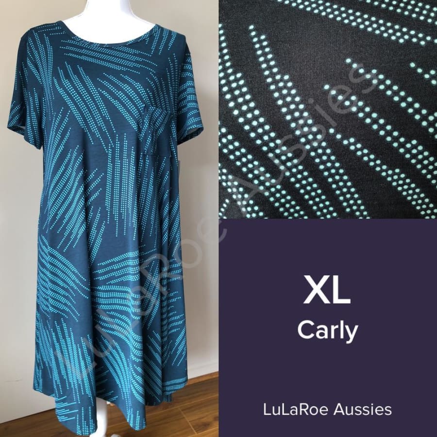 Lularoe Carly Dress XS Blue and Green A line Swing NWT Curved