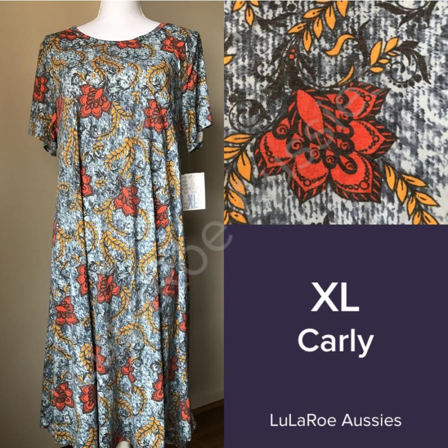 LuLaRoe Carly Multi Color Background w/Cream Leaves Dress (8104-CARLY-XSMALL)