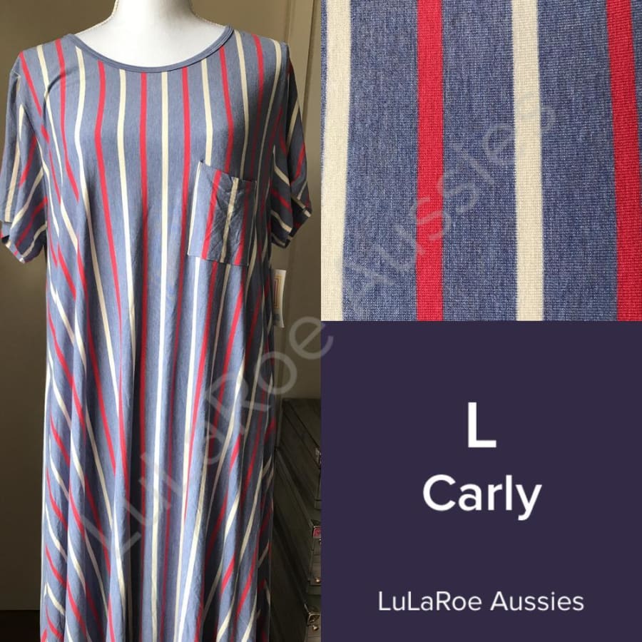 Lularoe Carly L / Blue Heather With Red/cream Stripes Dresses