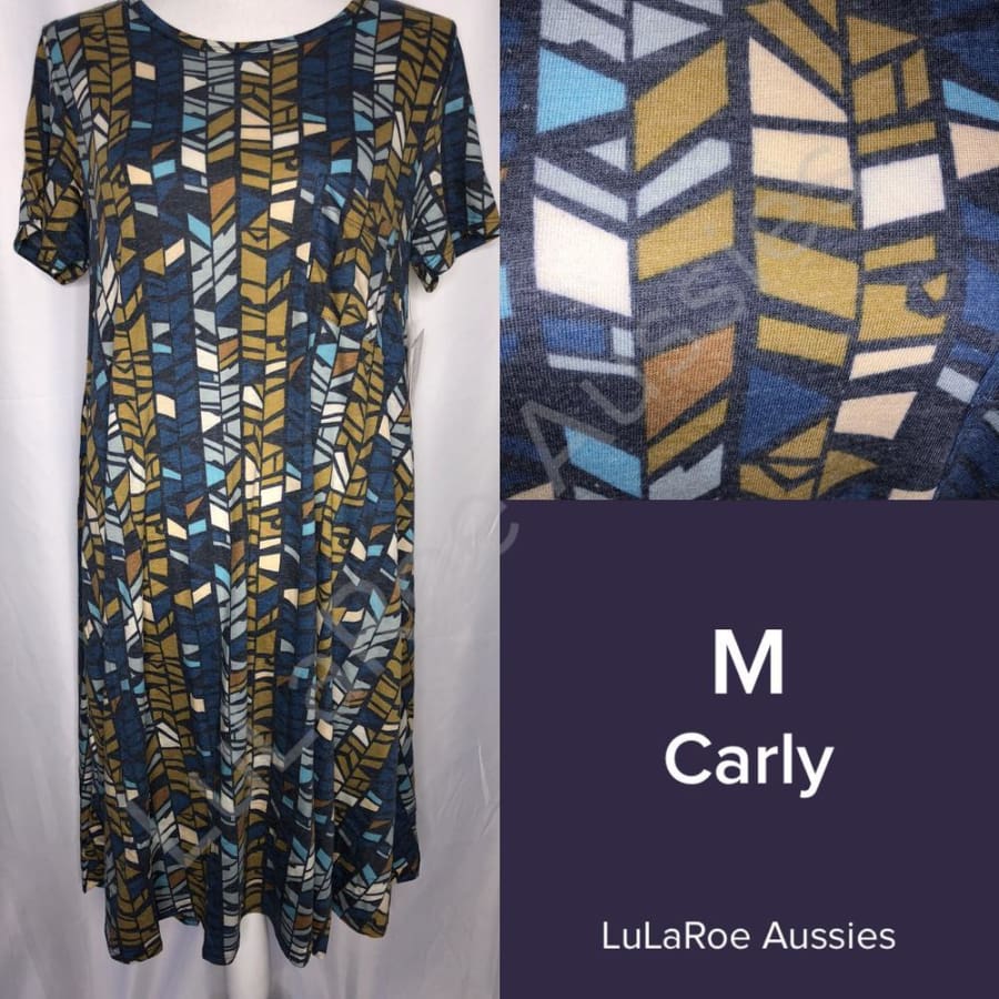 LuLaRoe Carly M / Grey Heather with Blue Gold Geo Dresses