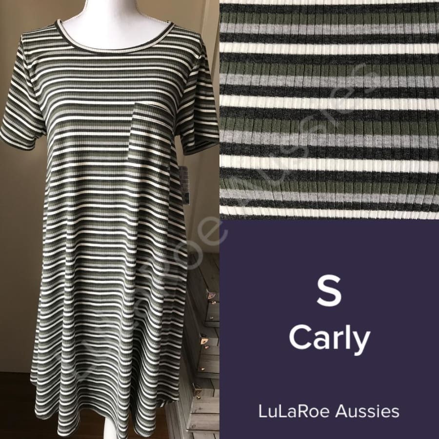 Lularoe Carly S / Olive/grey/cream Stripe Ribbed Dresses