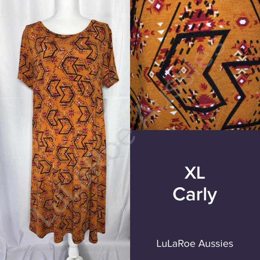 LuLaRoe Carly XL / Mustard with Black/Crimson Tribal Dresses