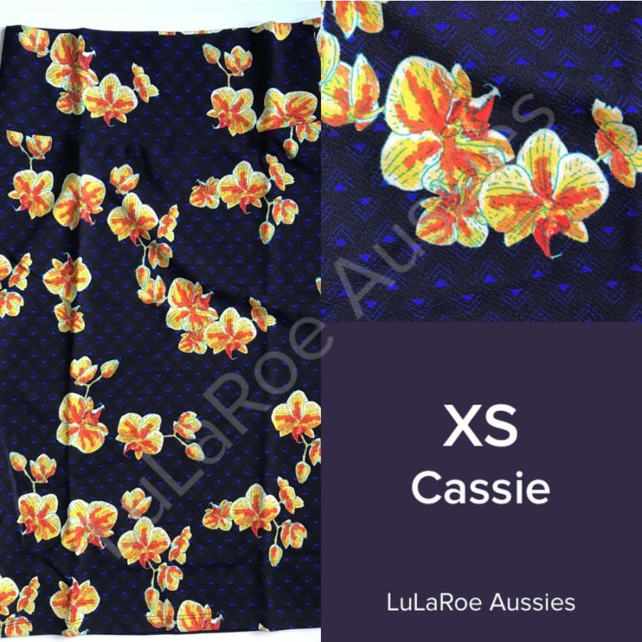 Lularoe Cassie Xs / Black With Blue Geo And Yellow/orange Floral Skirts