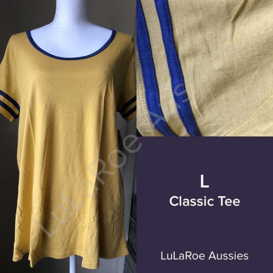 Lularoe Classic T L / Mustard With Navy Ringer And Stripes On Sleeves Tops