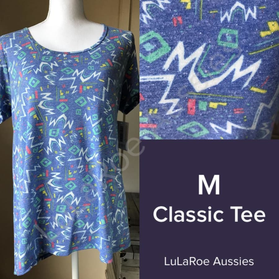 Lularoe Classic T M / Blue Heather With Abstract Green/red/yellow/white Symbols Tops