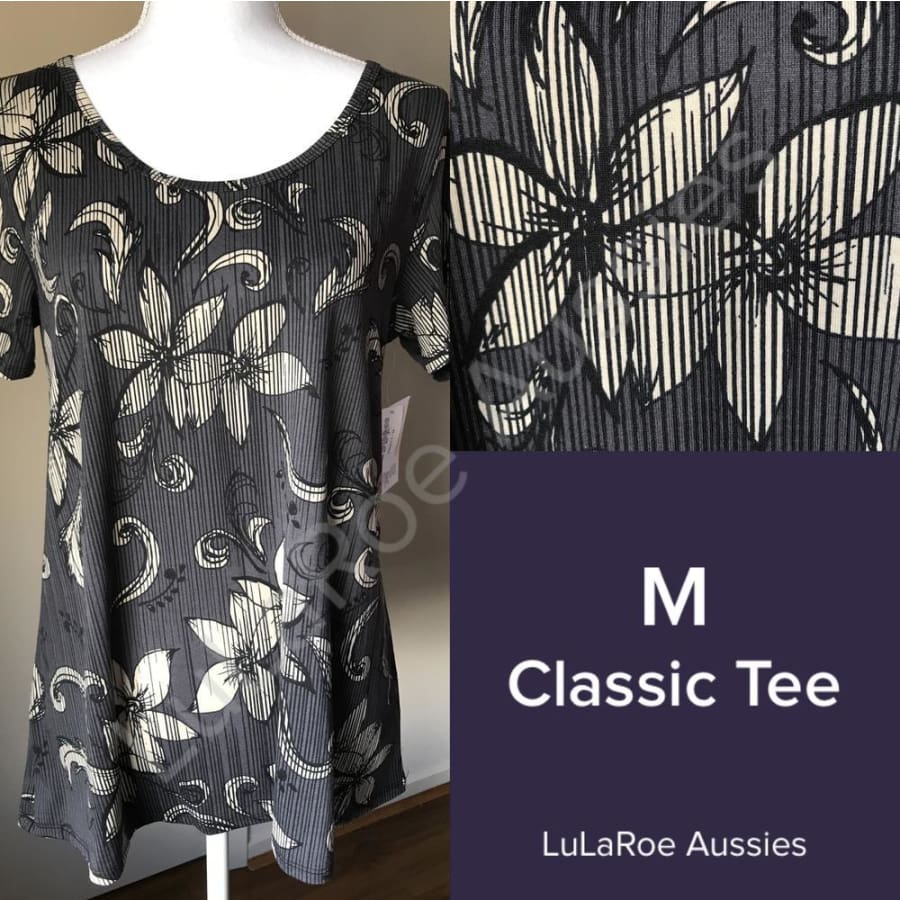 Lularoe Classic T M / Charcoal With Black/taupe Floral And Black Stripes Tops