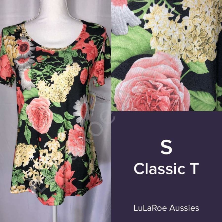 LuLaRoe Classic T S / Black with Coral Green Yellow Floral Tops