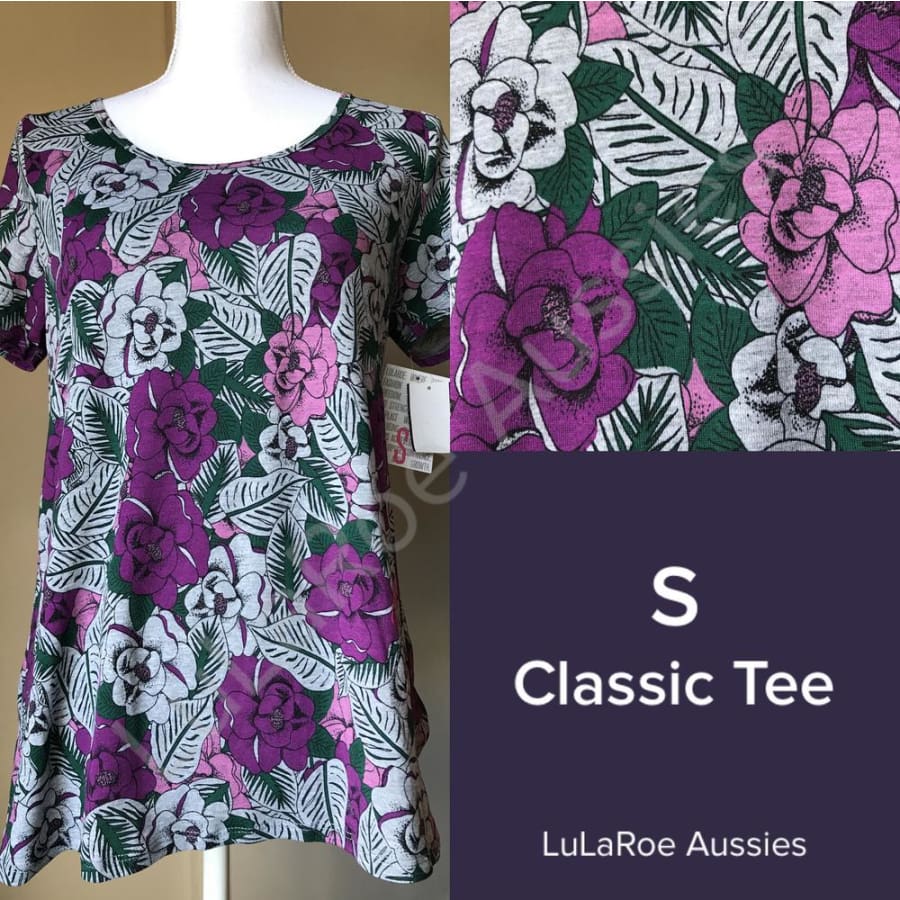Lularoe Classic T S / Grey Heather With Purple/mauve/hunter Floral Tops