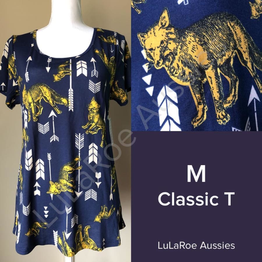 Lularoe Classic T M / Navy With Mustard Foxes And Cream Arrows Tops