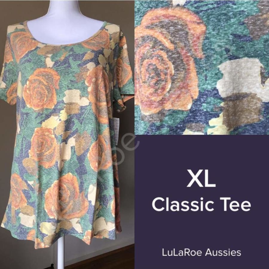 Lularoe Classic T Xl / Faded Grey With Orange And Green Roses Tops