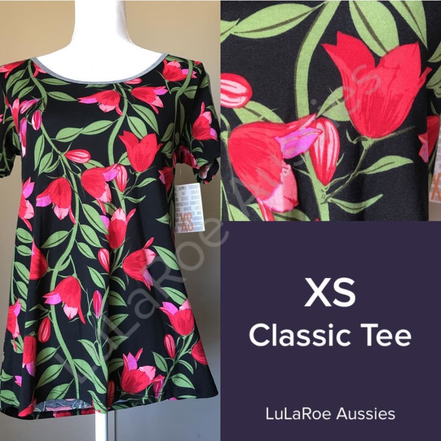Lularoe Classic T Xs / Black With Red/green Floral Grey Ringer And Stripe On Sleeves Tops