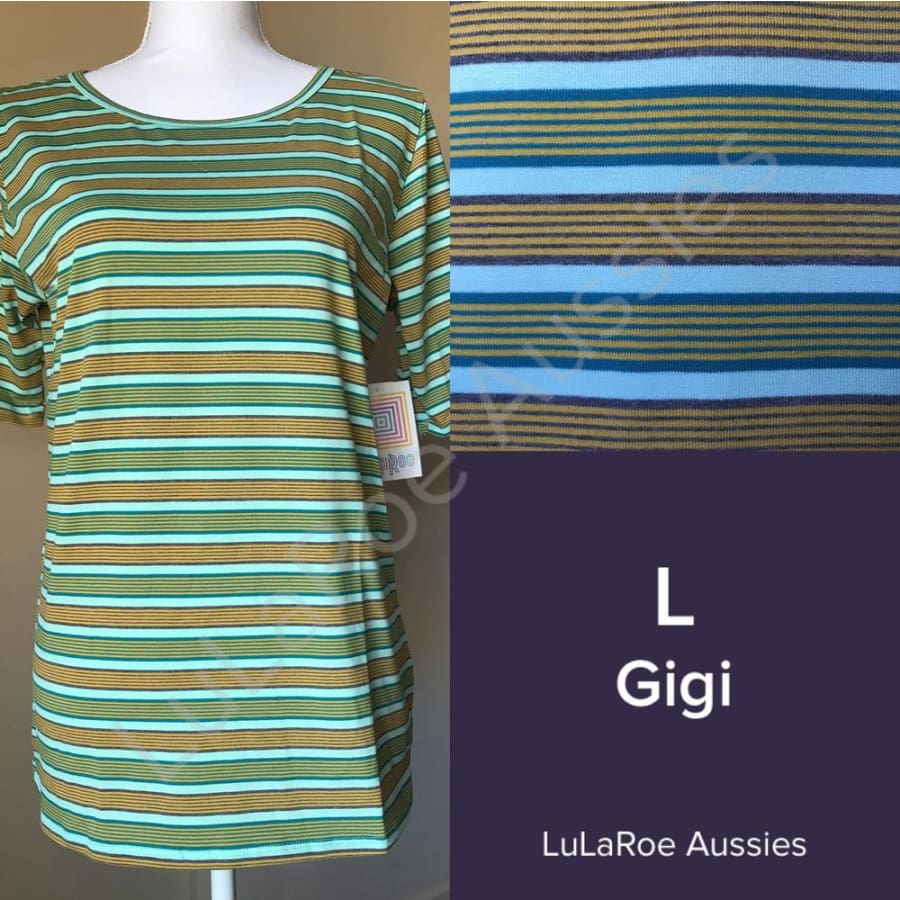 Lularoe Gigi L / Aqua With Teal/grey/mustard Thin Stripes Tops