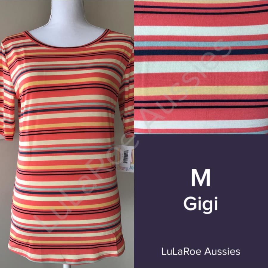 Lularoe Gigi M / Coral With Black/navy/aqua/mustard/cream Stripes Tops