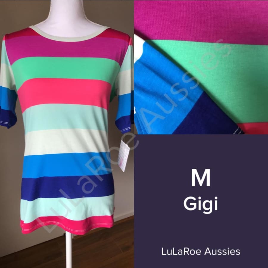 Lularoe Gigi M / Seafoam Ringer With Seafoam/hot Pink/aqua/blue/royal Blue/magenta/purple Stripes Tops