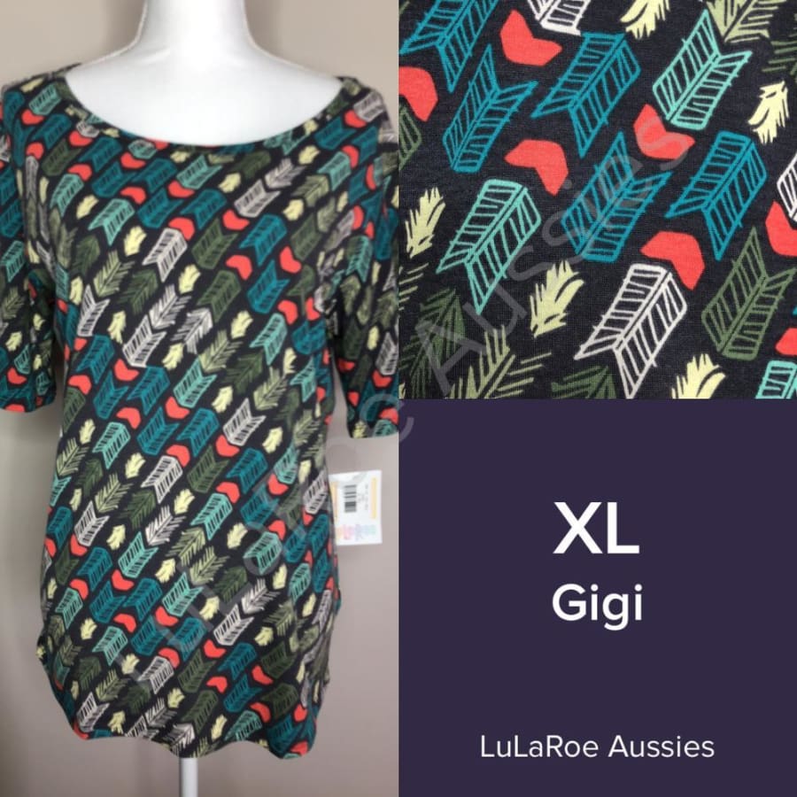 LuLaRoe Gigi XL / Charcoal with red blue green yellow white arrows Tops