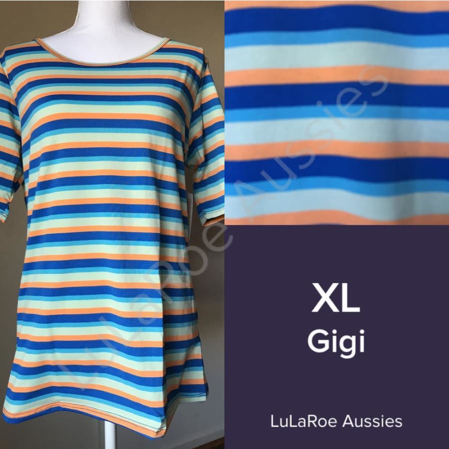 Lularoe Gigi Xl / Orange With Royal Blue/light Blue/aqua Stripes Tops